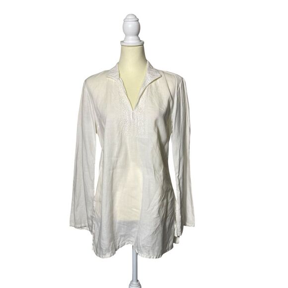 Promod White Linen Embroidered Long Bell Sleeve Top Tunic Women's Size Medium - Picture 1 of 16